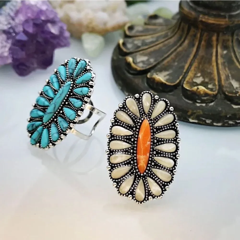 Ladies Western Turquoise Cluster Stone Statement Silver Adjustable Fashion Ring